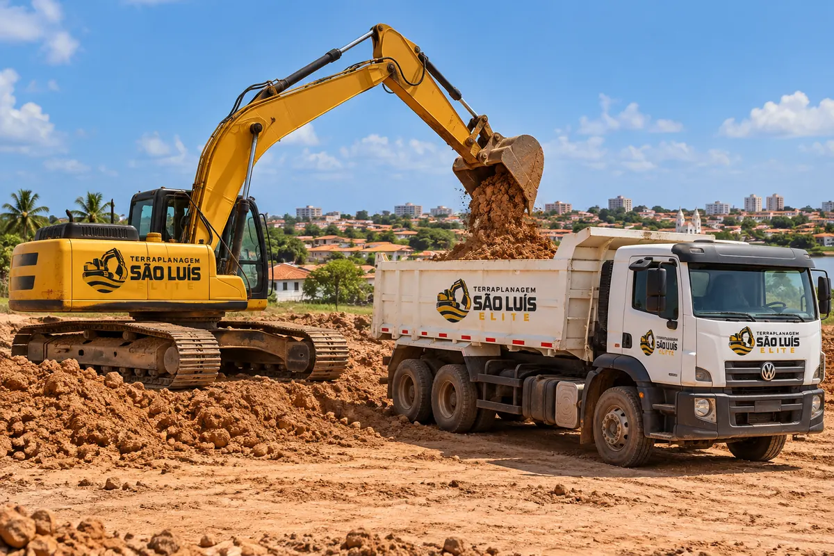 Equipe e máquinas de terraplanagem em obra em São Luís - MA